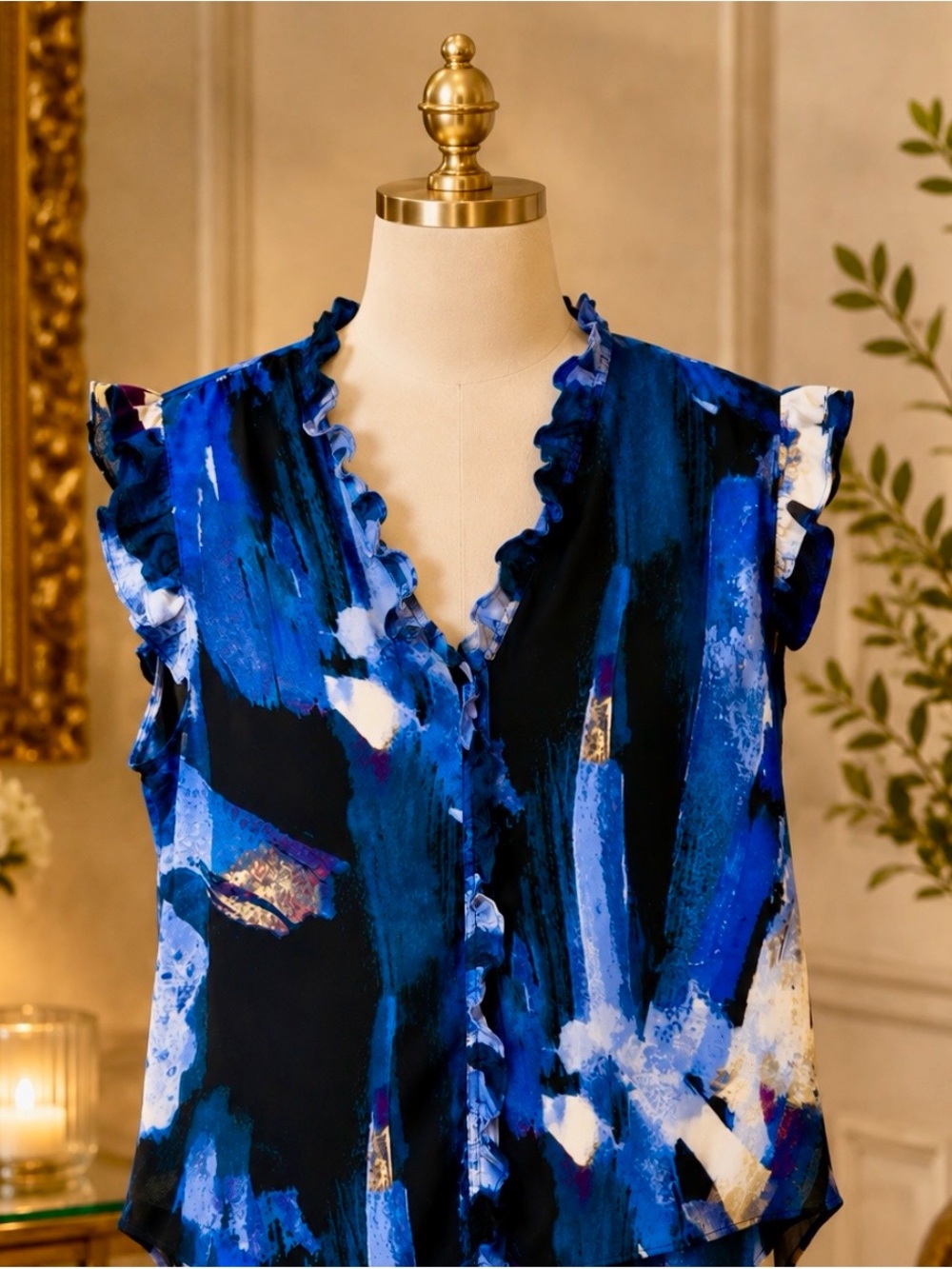 DKNY Blue & White Abstract Ruffle V-Neck Camisole
